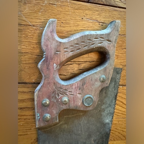 Antique Wood Handle Saw Vintage Rusty Collectible Wheat Design On Handle - Picture 2 of 5